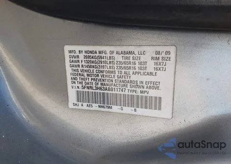 2010 Honda Odyssey Ex-L z USA, uszkodzony, nr VIN 5FNRL3H63AB011747